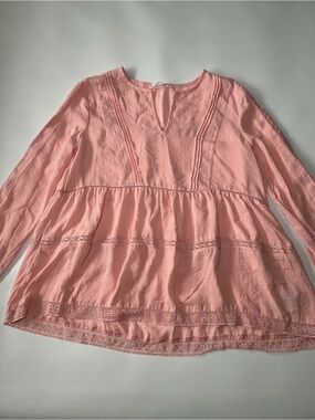 Gap Women XS Pink Long Sleeve Lace Accent Tunic Blouse Lightweight Boho Top